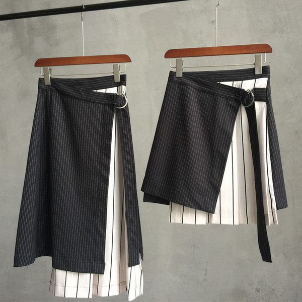 Hot sale Women Fashion black and white skirt Wild irregular stripe stitching Mid calf &Above knee skirt short skirt