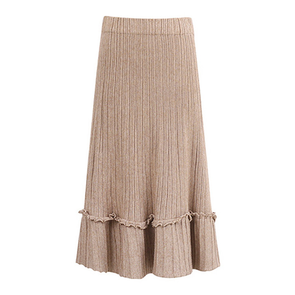 Autumn Winter High Waist A-line Cashmere Rib Knit Long Skirt Elegant Heavy Slim Boho Ruffled Mid-calf Knitted Skirts