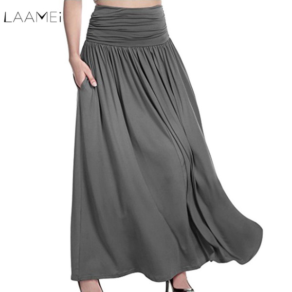 LAAMEI Plus Size Women High Waist Maxi Skirts Casual Pure Color Flared Long Pleated Skirts Vintage With Pocket Loose Solid Skirt