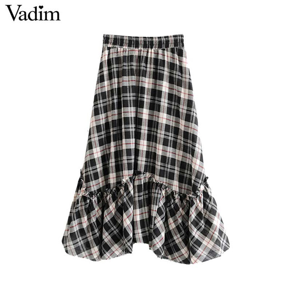 Vadim women vintage plaid ruffled midi skirt elastic waist stylish female casual wear sweet mid calf A line skirts BA586