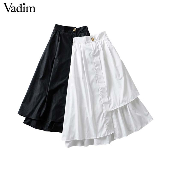 Vadim women elegant solid pleated midi skirts faldas mujer button design mid calf stylish female casual A line white skirt BA589