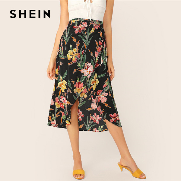 SHEIN Tropical Floral Print Asymmetrical Wrap Skirt Boho Summer Ladies High Waist Shift Skirts Mid-Calf Women Skirts