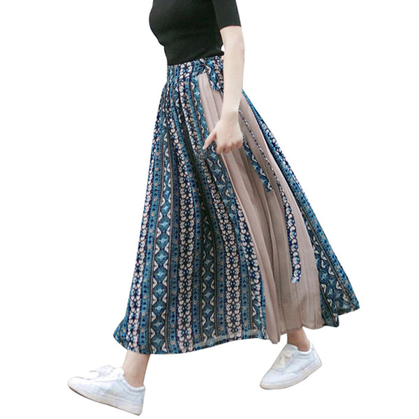 Women Fashion Chiffon Print Patchwork Bandage Wrap Pleated Skirt Long Skirt 2019 Fashion Women HX0124