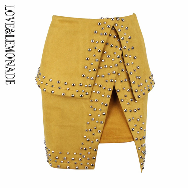 Love&Lemonade Street Yellow Leather Imitation Material Liu Nail Decoration Cut Out Skirt LM0596