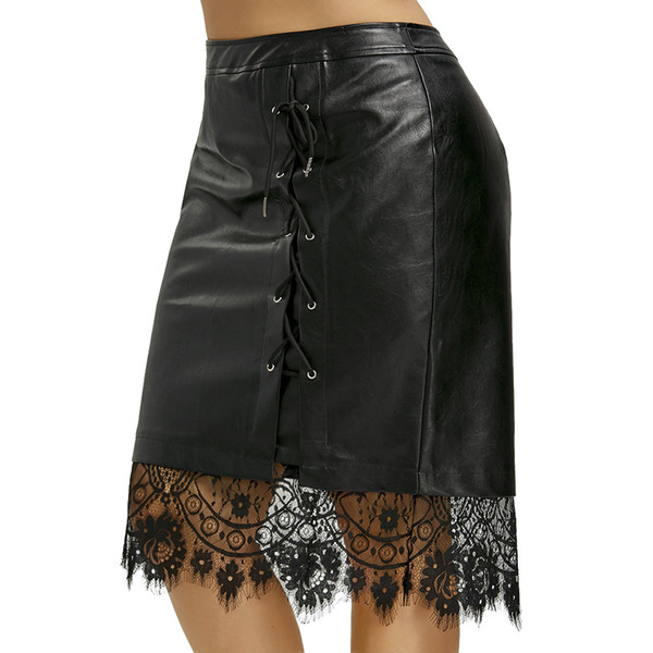 Kenancy 5XL Plus Size Lace Trim Lace-up PU Skirt