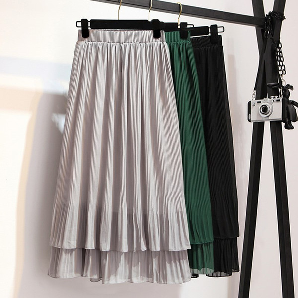 2019 New Summer Women Casual Chiffon Ruffles Pleated Skirt Empire Fashion Solid High Waist Mid Skirt