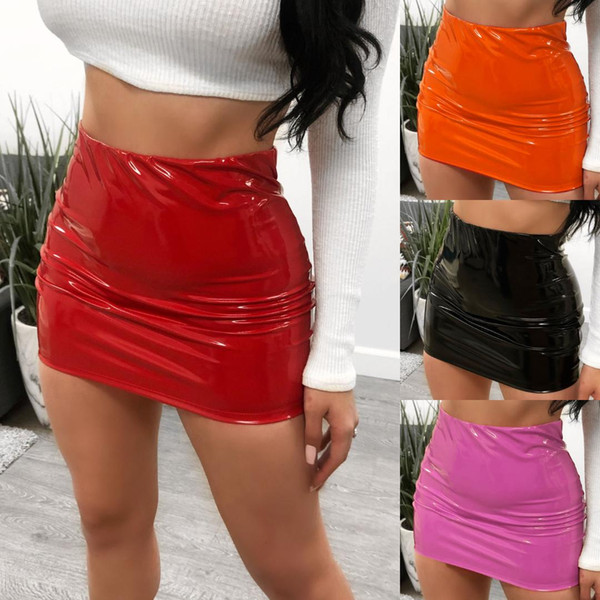 2019 Summer Women Bodycon Skirts Sexy Bright Leather Package Hip Mini Skirt Female Wrap High Waist Slim Short Skirt Club Wear