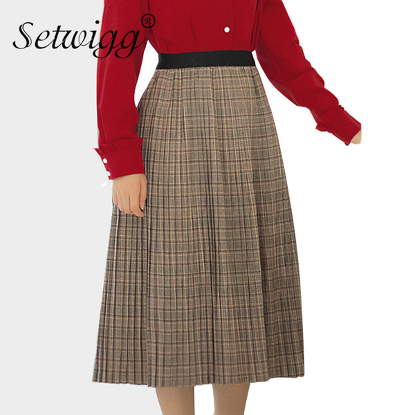 High Waist Retro Thick Plaid Pleated Mid Calf Long Skirts Autumn Chic Preppy Student A-line Check Below Knee Skirts