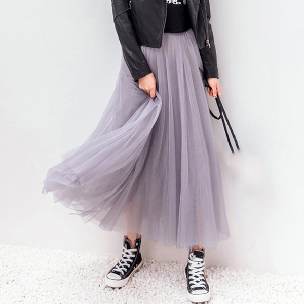 livagirl 2019 Spring Summer Vintage Skirts Womens Elastic High Waist Tulle Mesh Skirt Long Pleated Tutu Skirt Female Jupe Longue