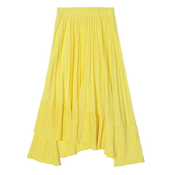 2019 fashion new candy color heavy work pleated irregular cut stitching elastic waist long skirt