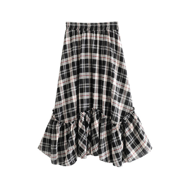 Vintage Stylish Plaid Ruffled Midi Skirt Women 2019 Fashion A Line Elastic Waist Streetwear Ladies Skirts Casual Faldas Mujer