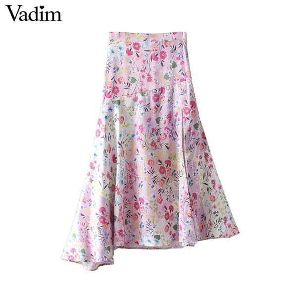 Vadim women vintage floral print irregular midi skirt faldas mujer side zipper fly split female casual mid calf skirts BA544
