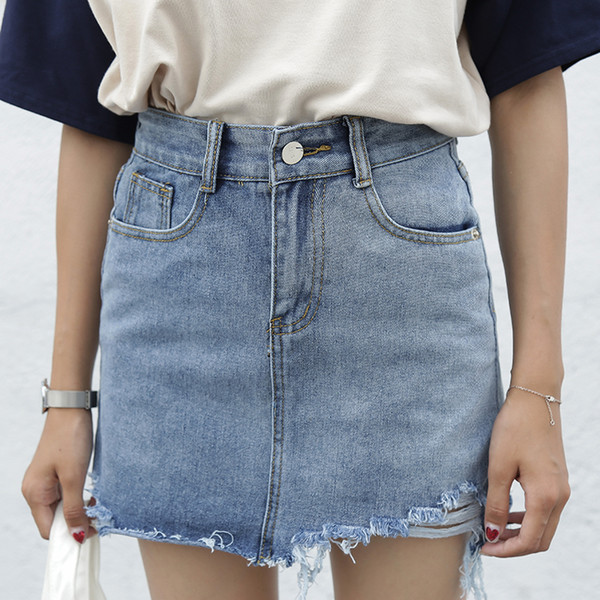 Summer New Broken Holes with Irregular High Waist Bf StyleThin A-line Women's Denim Mini Short Skirt Jeans Female