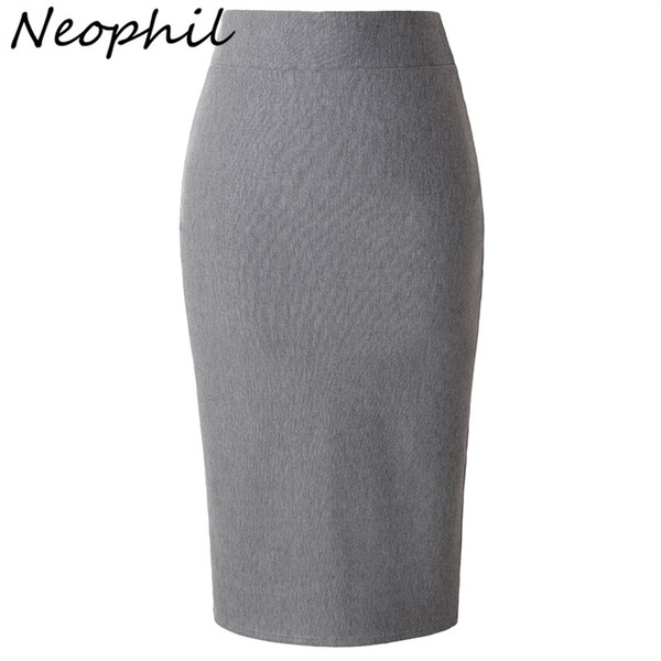 Neophil 2018 Winter Basic Knitted Pencil Midi Soild Skirts Empire Elastic Slim Black Office Ladies Elegant Work Wear Saia S0905