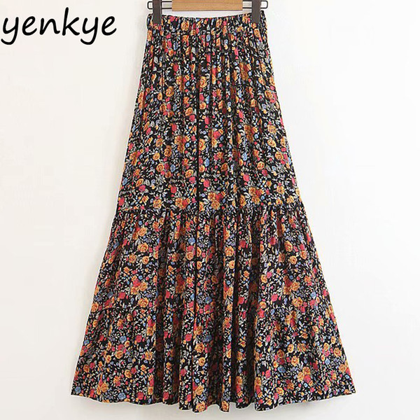 Sweet Floral Printed Boho Skirts Womens Elastic High Waist Casual Long Skirt Lady Summer Holiday Beach Skirt SDP8521