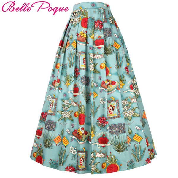 Belle Poque 2017 Long Maxi Skirts Women Cotton Floral Print Pleated High Waist Pinup Saia Vintage 50s Rockabilly Christmas Skirt