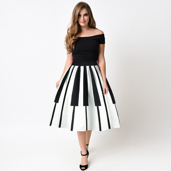 Echoine Women Pleated Skirts Fashion Piano Keyboard Print Evening Party Ball Gown High Waist Knee Length Casual Women Skirt