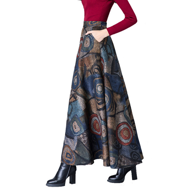 Elegant Autumn Winter Printing Woolen Skirts Womens Jupe Femme Vintage Warm High Waist Wool Skirt Faldas Maxi Long Skirt C4800