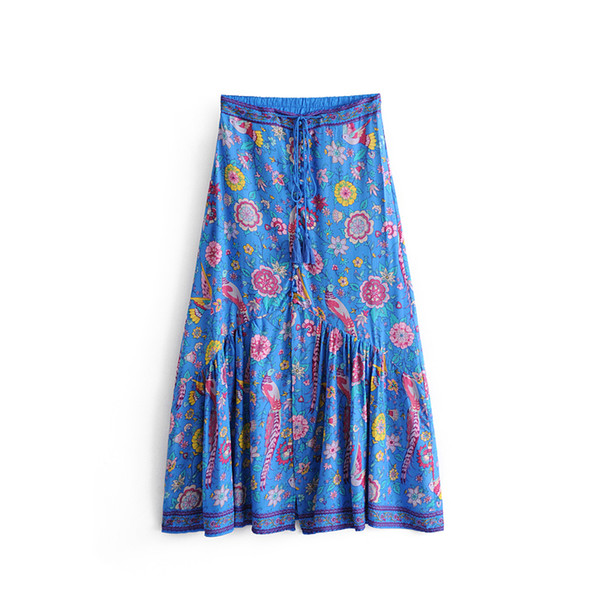 Vintage Ethnic Style Blue Color Flower/Bird Print Skirt Elastic Waist Tassel Lace With Decorative Stitching Hem National Skirt