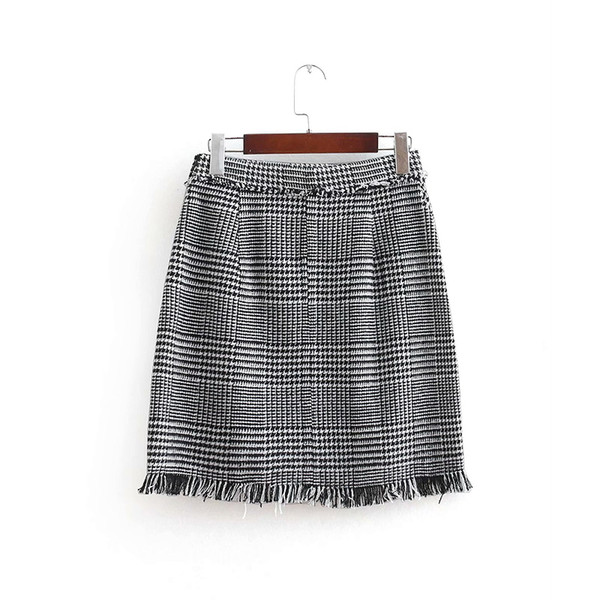 2018 Women Vintage tweed plaid a line Skirt faldas mujer buttons Slim Short zipper Skirts business wear tassel Mini Skirt QUN115