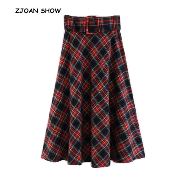 Vintage High waist Classical Check Plaid Skirt With Sashes Women Mid-Calf Ball Gown Swing Long Gingham Skirts 2018 Mew Femme