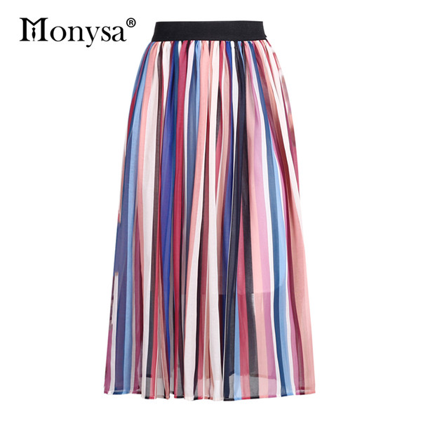 Bohemian Long Skirt Women Summer 2018 New Arrivals High Waist Colourful Striped Skirts Ladies Casual Holiday Beach Chiffon Skirt