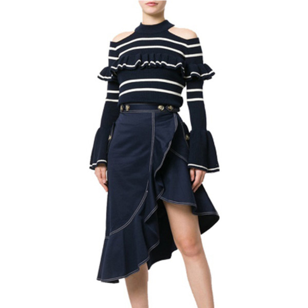 2018 New spring summer woman skirt dark blue asymmetric mid skirt female