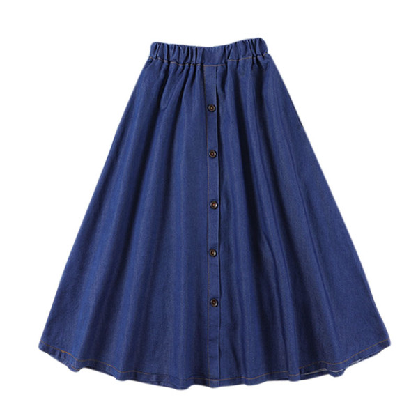 Women Fashion Korean Solid Elastic Waist A-Line Denim Skirt Button Jean Skirt Ladies Casual High Waist Loose Big Hem Midi Skir