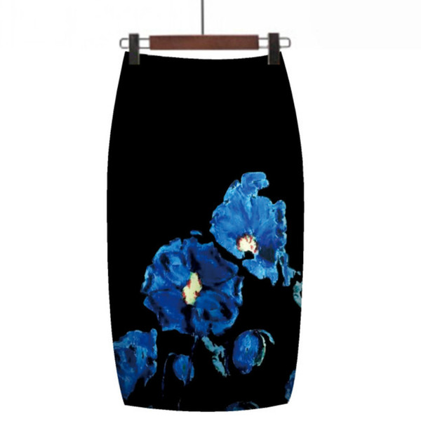 Hot Sale! Summer Autumn Skirt Blue Flower Print Women Pencil Skirts Lady Midi Saias Female Black Faldas Girls Slim Bottoms S-XXL