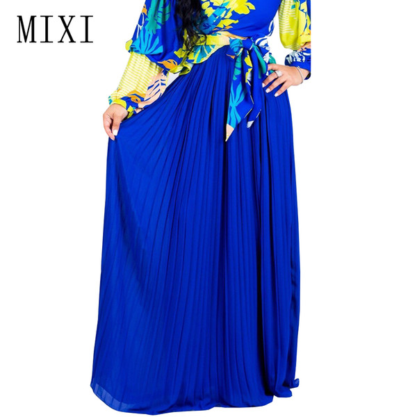 MIXI Vintage Boho Chiffon Long Skirts Elegant Elastic High Waist Pleated Maxi Skirt With Belt 2018 Summer Women Skirt Saia Longa