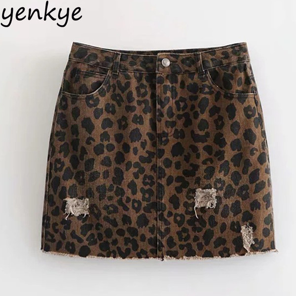 European Style Women Sexy Hole Leopard Denim Skirt Female Frayed Hem High Waist Pencil Mini Skirt faldas mujer moda 