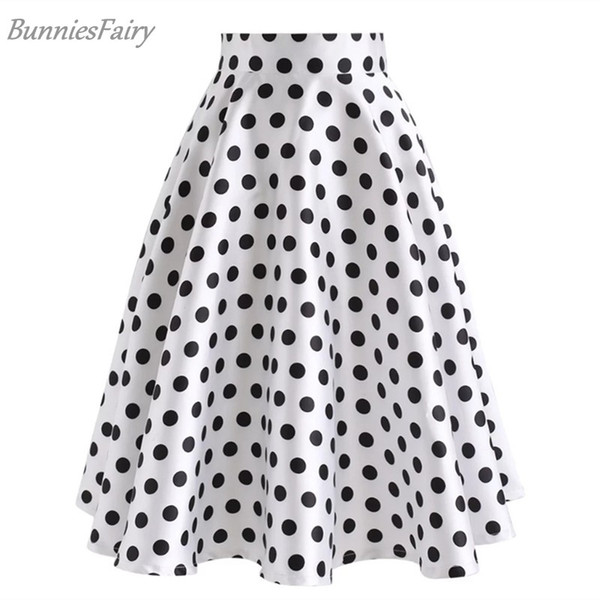 BunniesFairy 2018 Autumn Hepburn 1950s 60s Vintage Retro Women Cuteness Comeback Black Polka Dots Print A-Line Skirt in White