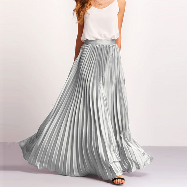 Silver Pleated Maxi Women's Skirt Zipper High Waist Floor Length Women Long Skirt Comfortable Chiffon Custom Made Cheap