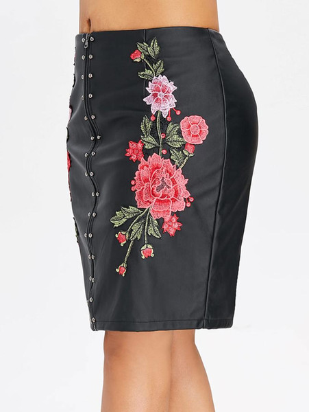 Wipalo Plus Size 5XL Embroidery Zip Up PU Leather Sheath Skirt Casual Knee Length Summer Fall Pencil Skirt Big Size Women Bottom