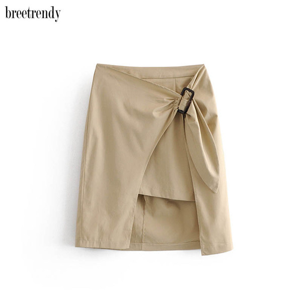 DQ824 Autumen fashion khaki color belt bow knot deco slim waist skirt women chic irregular length sarong skirts saias