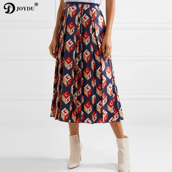 JOYDU Runway Design Midi Skirts Womens European Zipper Fly Geometric Print Fashion Pleated Skirts 2018 Vintage Skirt jupe faldas