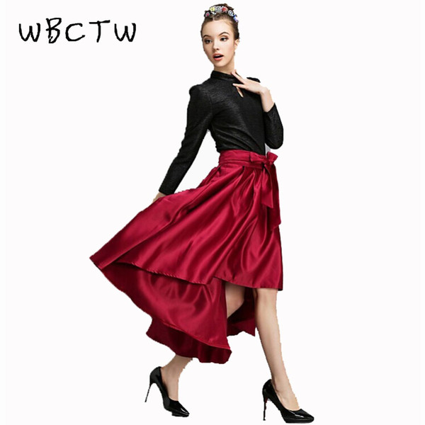 WBCTW Autumn Skirts Solid Wine Red Vintage Asymmetrical High Waist Party Skirt Spring 7XL Big Size Ball Gown Style Satin Skirt