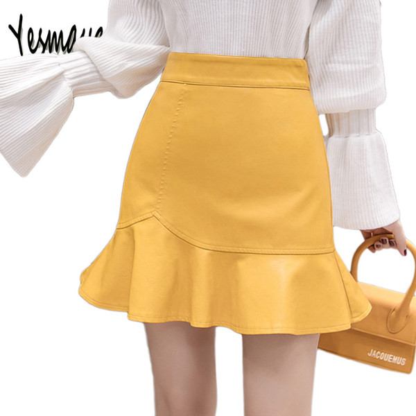 2018 Autumn Winter Mini Skirts Women Trumpet Leather Skirt Women Chic Short Leather Skirt Black Fashion Jupe Femme