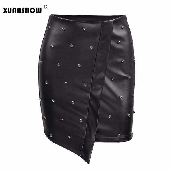 Summer Womens Pearl Stitching Irregular Zipper Black Color Pu Skirts Faldas Mujer Moda