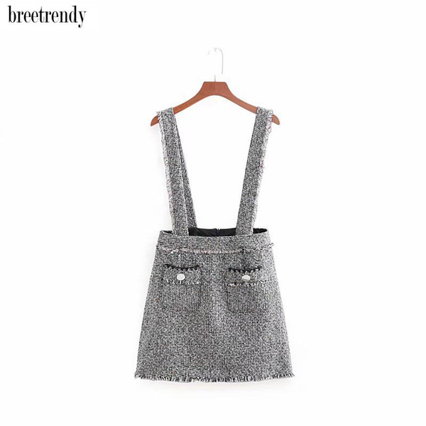 Q880 New women elegant two buttons deco tassels edge tweed suspender skirt ladies brief match all soft twill skirts saias
