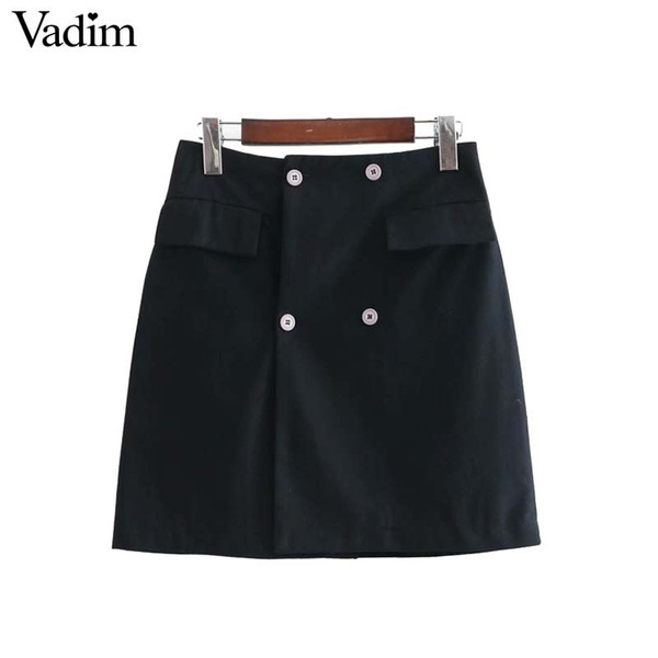 Vadim women stylish solid mini skirt double breasted high waist pockets faldas mujer female A line casual chic skirts BA117