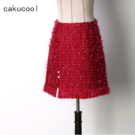 Cakucool New A-line Skirt Women Autumn Winter Woolen Sweet Luxury Tassels Korean Mini Skirts Spring Elegant Pearl Button Skirt