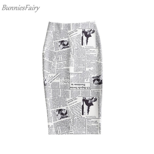 BunniesFairy 2018 Autumn 50s 60s Vintage Retro Lady Newspaper Letter Print High Waist Straight Pencil Skirt for Work Office Lady