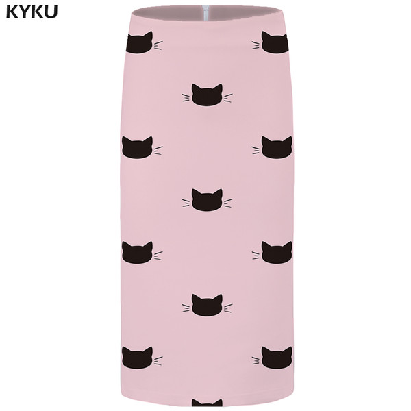 KYKU Cat Skirts Women Animal Sexy Cartoon Casual Pink Pencil Party Floral Ladies Skirts Womens Anime Knee Length Large Size