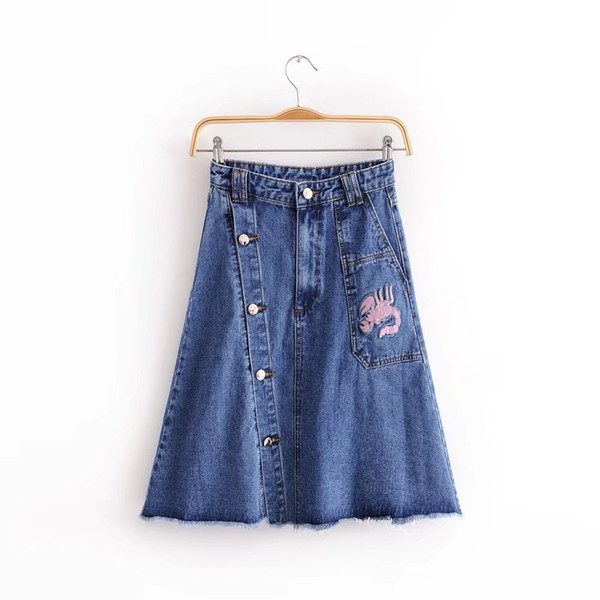 Spring and Summer Scorpion Embroidery Denim Skirt Women's High Waist Knee-length Skirt A-line Single-breasted Denim Female