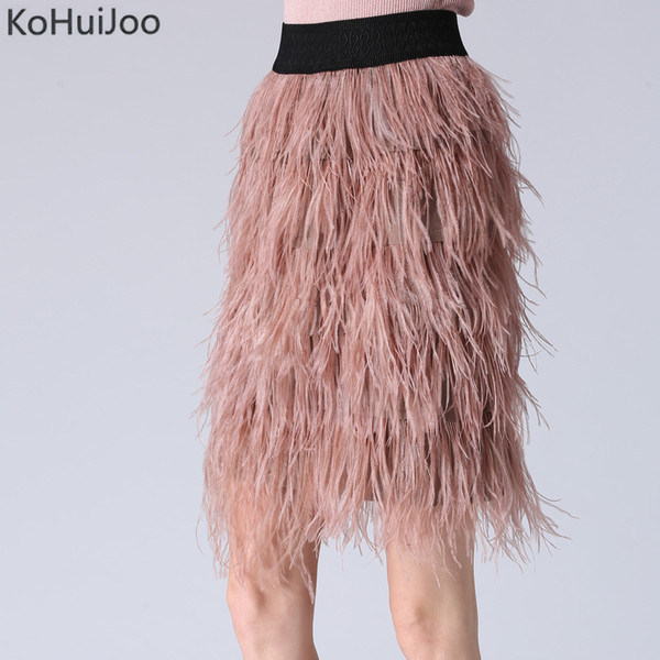 Spring Autumn Fluffy Skirts for Women Fashion Elastic Waist Ostrich Feather Skirt High Waist Pencil Skirt Tassel Blue Pink