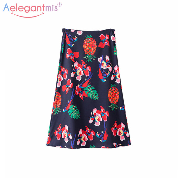 Aelegantmis Women Vintage Elegant Floral Print Midi Skirt Woman Summer High Waist Slim Beach Skirt Ladies Casual A-line