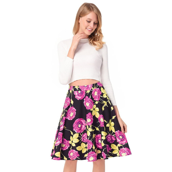 Fashion Summer Women's skirt Floral Print Ball Gown Pleated Midi Skirts Party Female Vintage A-Line Skirts Femme Skirt