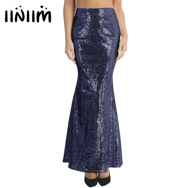 iiniim Women Ladies Fashion Long Maxi Shiny Sequin Mermaid Skirt Slim Fit Adult Evening Costumes Birthday Party Wedding Skirt