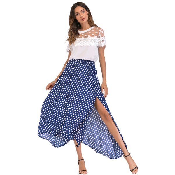 1950s Vintage Skirt Women High Waist Polka Dot Maxi Skirt Slit Asymmetric Hem Summer Retro Long female streetwear Blue